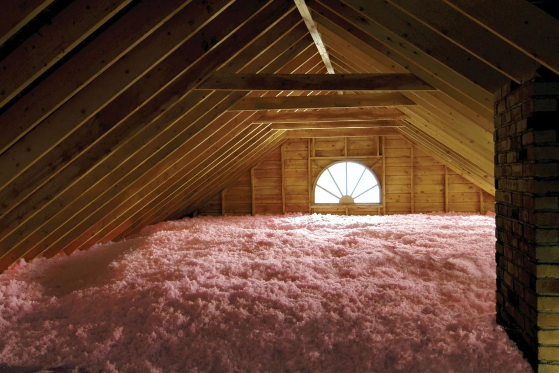 Pink insulation material is visible in the attic of a residential home, providing thermal protection and energy efficiency.